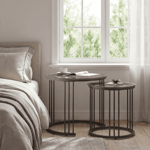 Round Nesting Coffee Table Set of 2, 23.6" Glass Top Coffee Table with Metal Frame, Modern Center Tables for Living Room Bedroom Balcony
