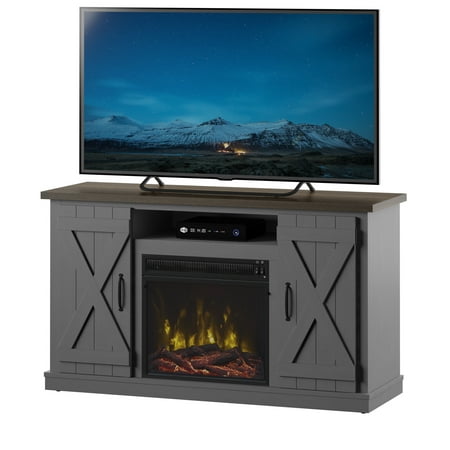 Twin Star Home Barn Door TV Stand for TVs up to 55" with ClassicFlame Electric Fireplace, Gray