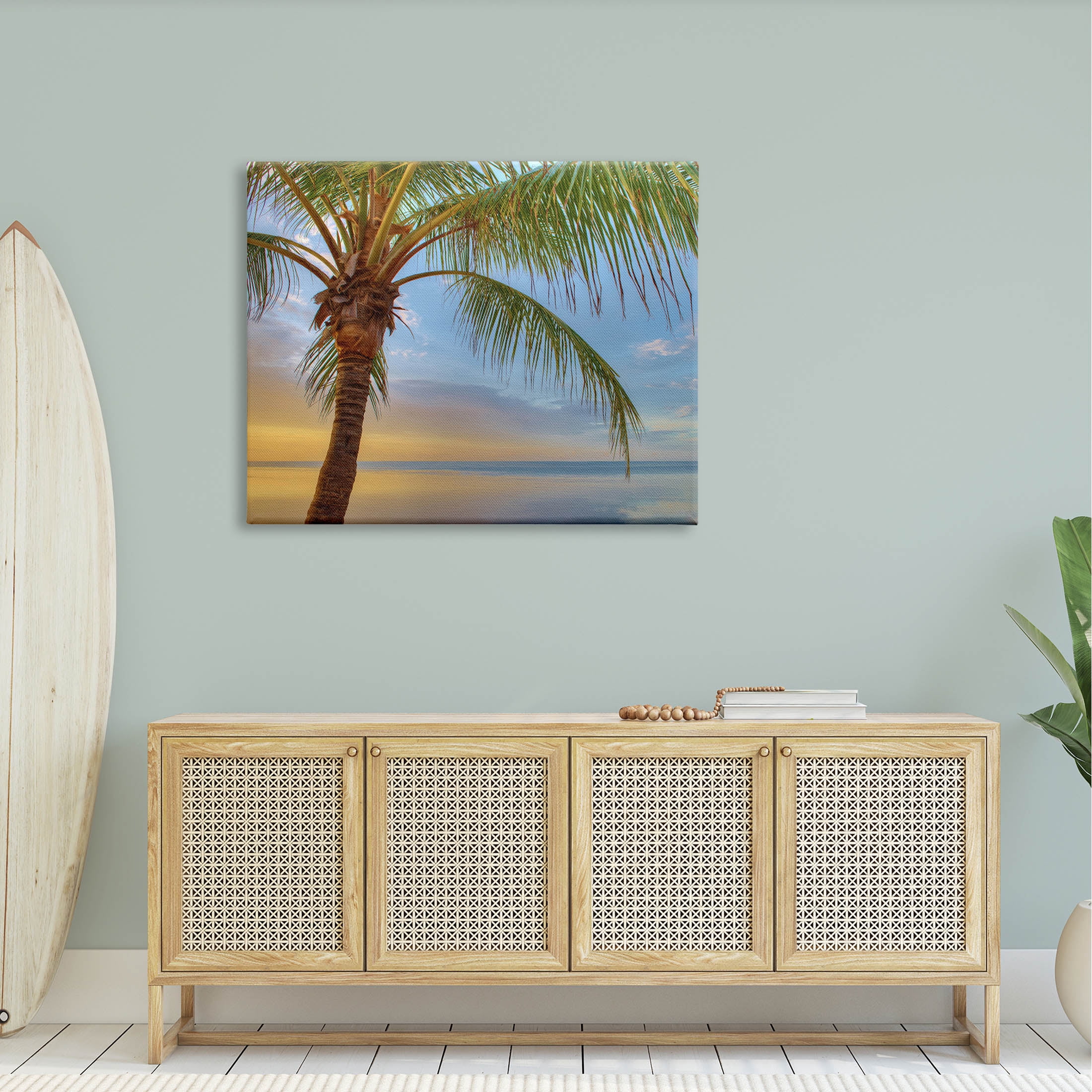 Sunrise Palm Tree Sky Reflection Coastal Photograph Gallery Wrapped Canvas Print Wall Art