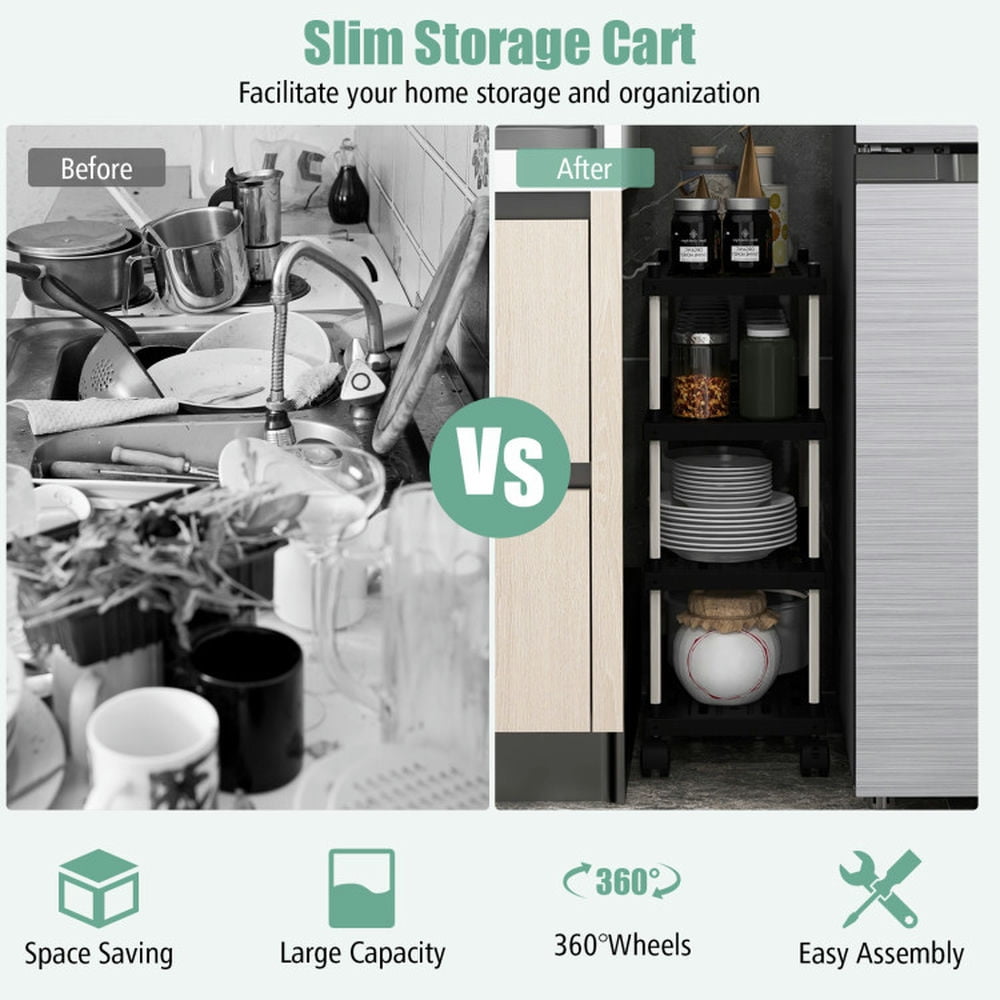 Finihen Rolling Cart, Kitchen Island Cart, 4-Tier Kitchen Slim Storage Cart with Lockable Wheels, for Kitchen, Dining Room, Black Finihen Rolling Cart, Kitchen Island Cart, 4-Tier Kitchen Slim Storage Cart with Lockable Wheels, for Kitchen, Dining Room, Black