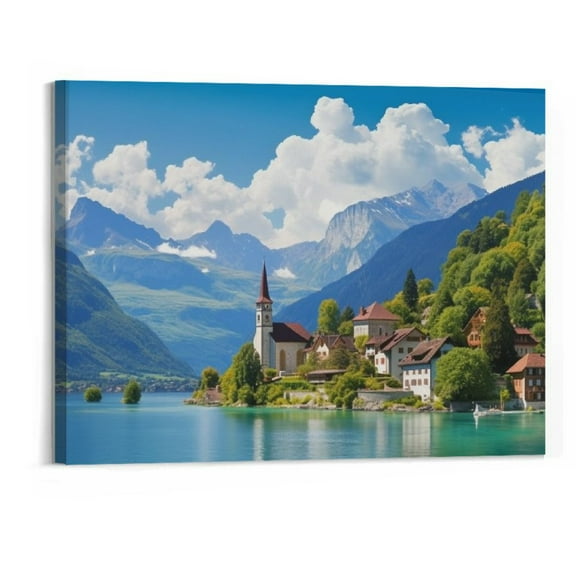 Shiartex Brienz Switzerland Village Houses Lake Mountains Natural landscape Poster Home Wall Art Decor Canvas Painting Picture Print Bedroom Living Room Decor (Framed,20x16 Inch)