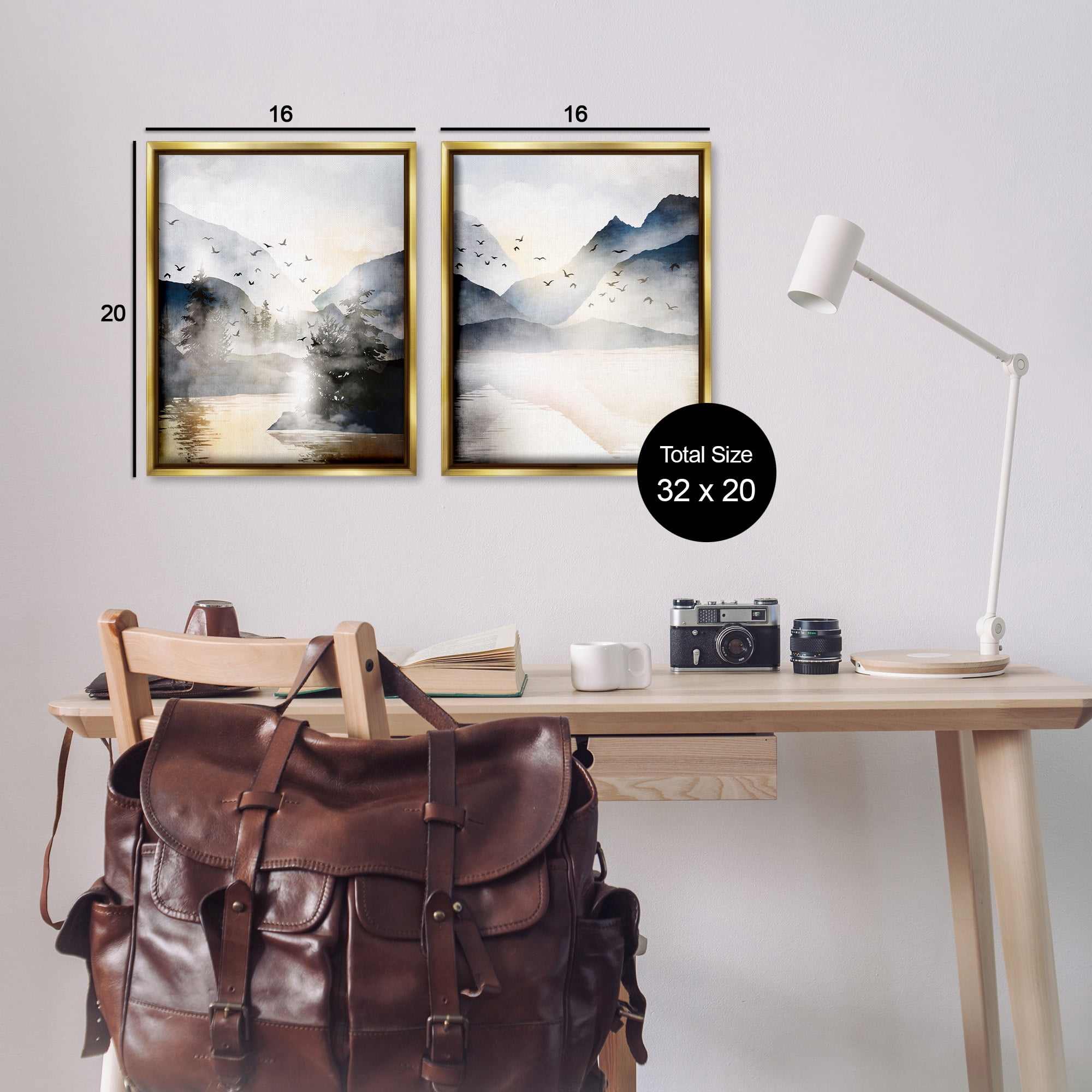 Stupell Industries Sunlit Birds Over Lake Landscape Landscape Painting Gold Floater Framed Canvas Art Print Wall Art, 17 x 21, Set of 2