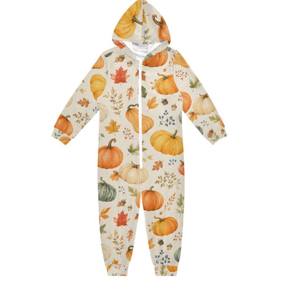 Autumn Pumpkin Maple Leaves Boys & Girls Hooded One-Piece Pajamas Warm Crystal velvet Hooded Long Sleeve Loungewear Jumpsuit Unisex