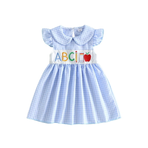 BemeyourBBs Toddler Baby Girl Back to School Dress KidsKindergarten Outfits Little Baby Girl Gingham Plaid Summer Dress Flying Sleeve Stationery Apple Embroidered Doll Collar Casual A Line Dress