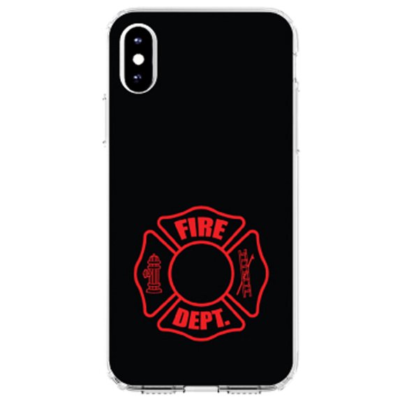 DistinctInk Clear Shockproof Hybrid Case for iPhone XR (6.1" Screen) - TPU Bumper, Acrylic Back, Tempered Glass Screen Protector - Red Fire Department Maltese Cross - First Responders