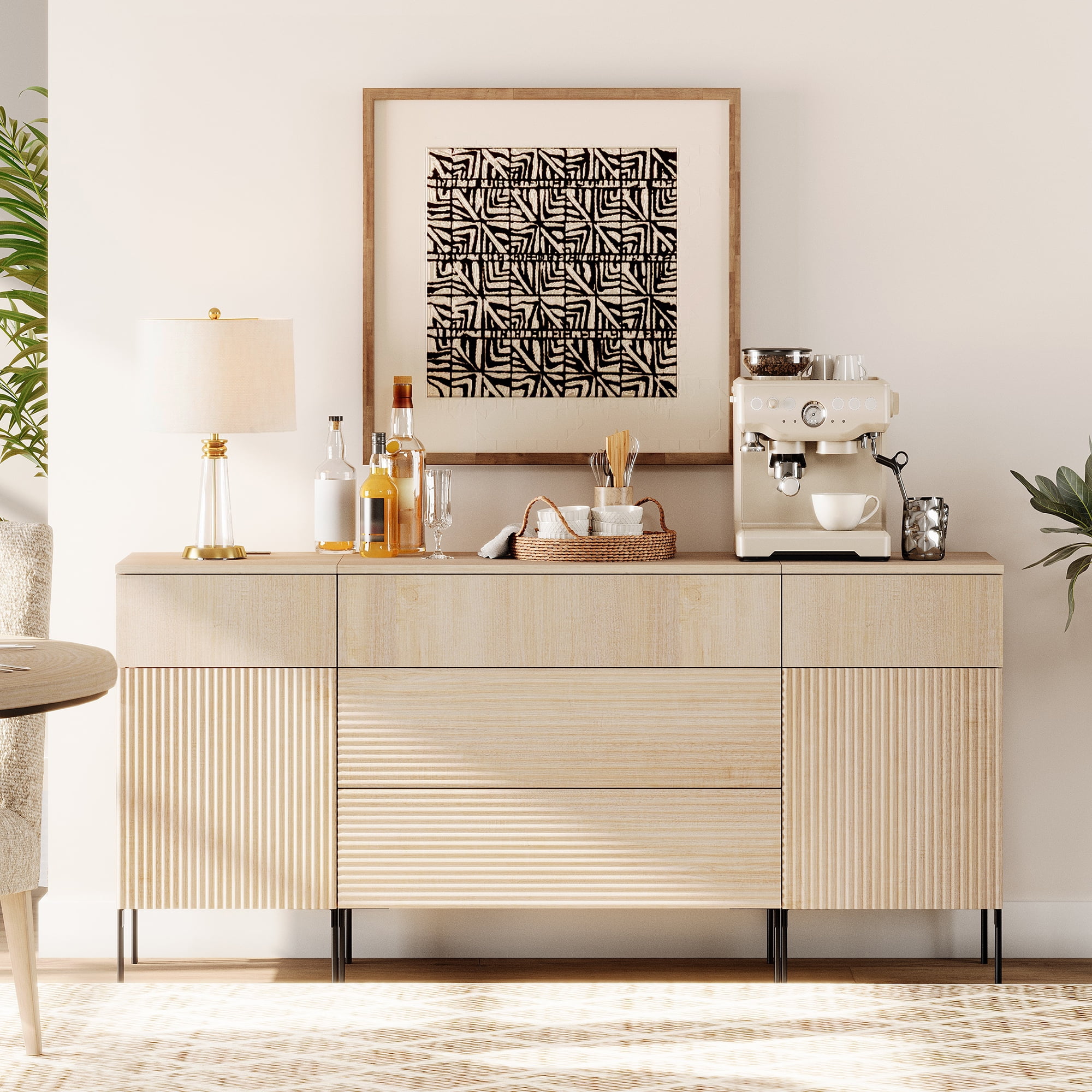 63" Wooden Reeded Sideboard with Built-in Charging Station, 3-In-1 Modern Credenza Storage Cabinet for Kitchen, Dining Room