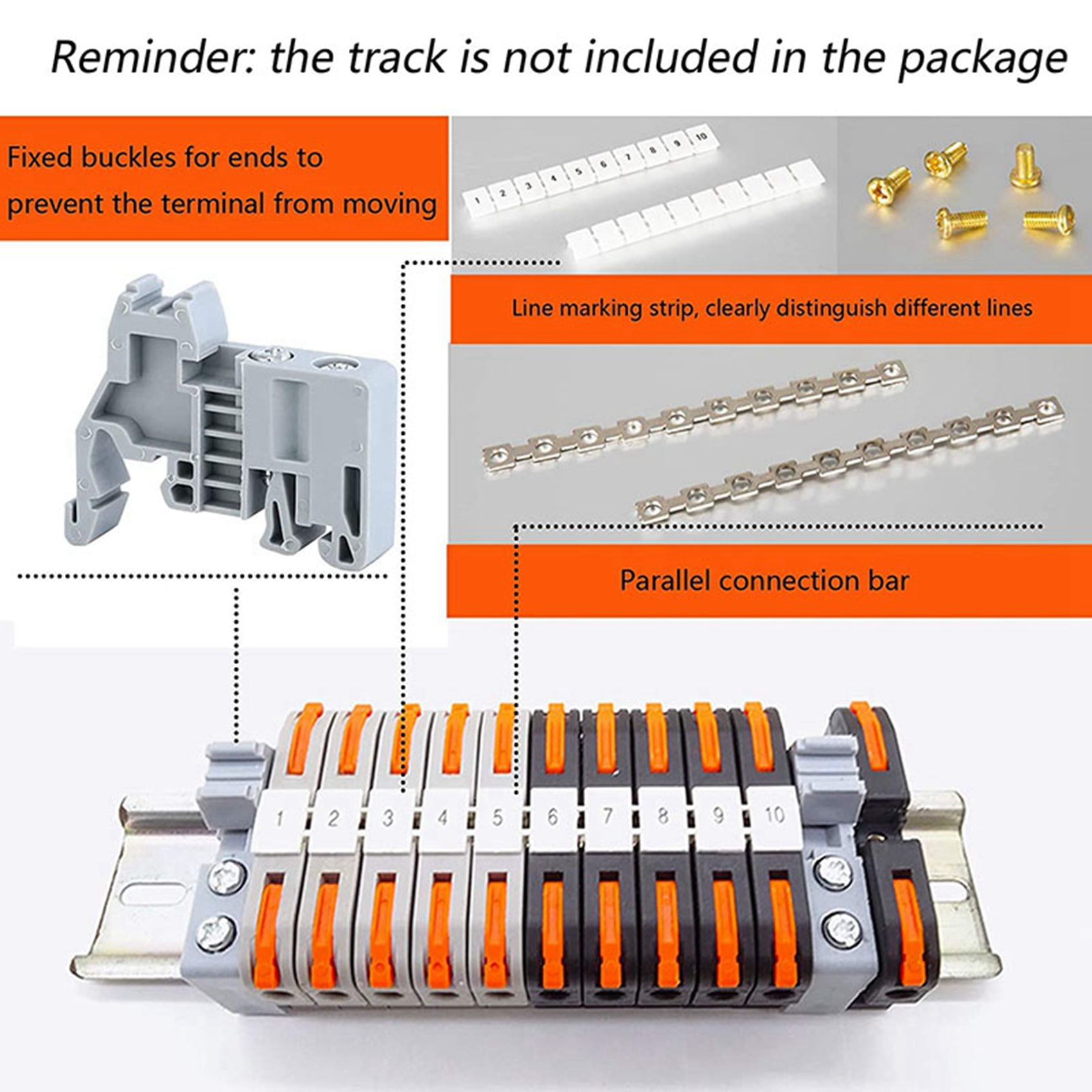 60X DIN Rail Terminal Blocks Kit, with Universal Compact Connectors, Connection Bar, Marker Strip, Screws, 28-12 AWG