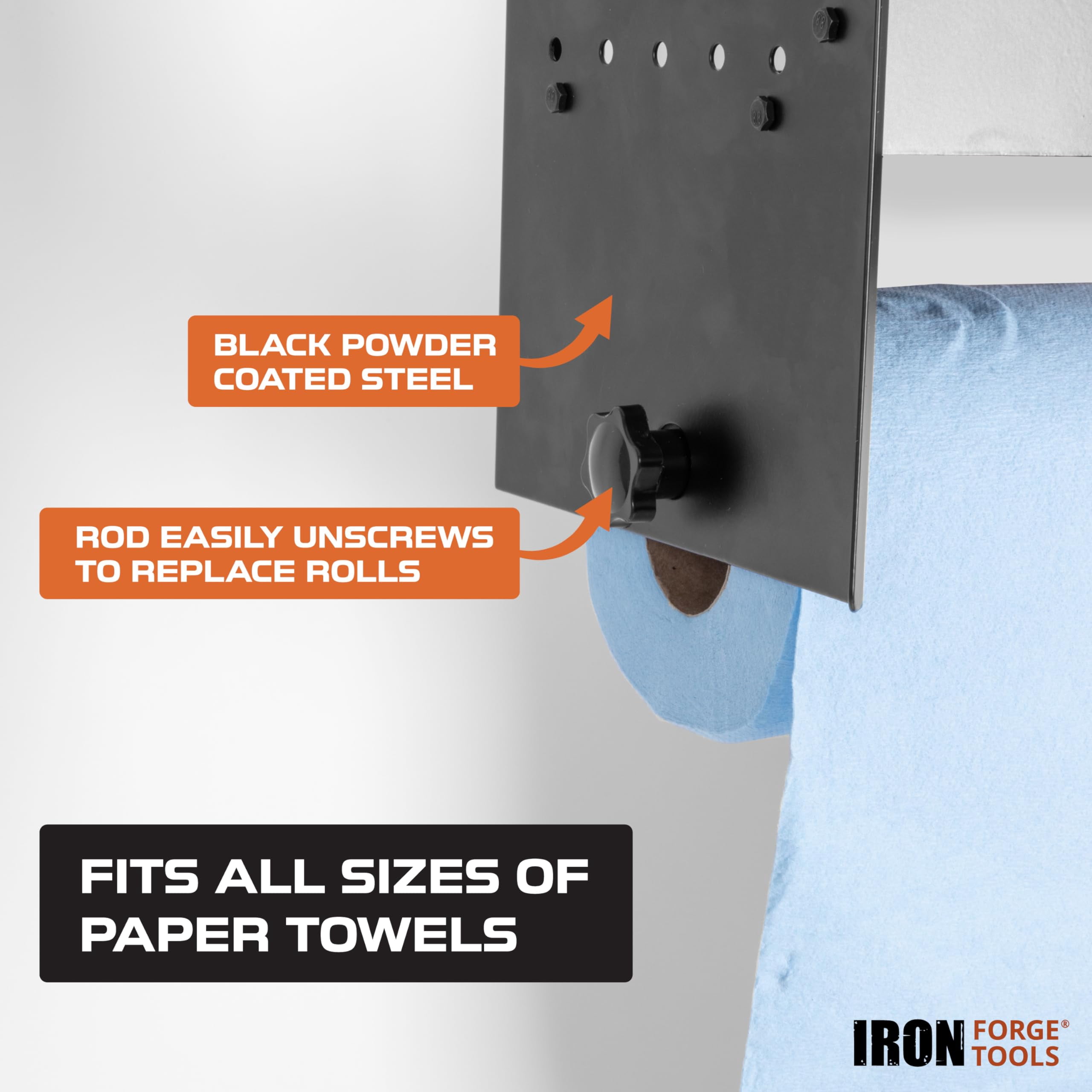 Iron Forge Tools Paper Towel Holder Wall Mount with Shelf - Garage Organization & Storage Shed Organizer for Shop Towels, Trailer Accessories for Inside Workshop, Garage Must Haves Décor for Men