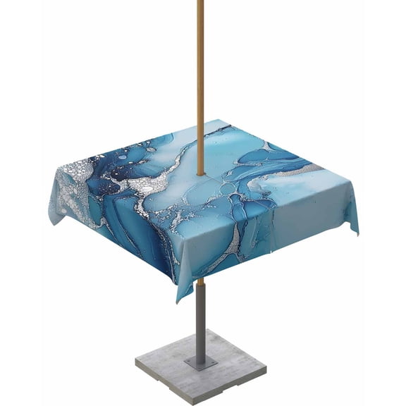 Outdoor Tablecloth with Umbrella Hole for Patio/Picnic/Party/Camping, Blue Grey Marble Waterproof Table Cloth Square Cover Washable, Modern Geometric Textured 54"x 54"