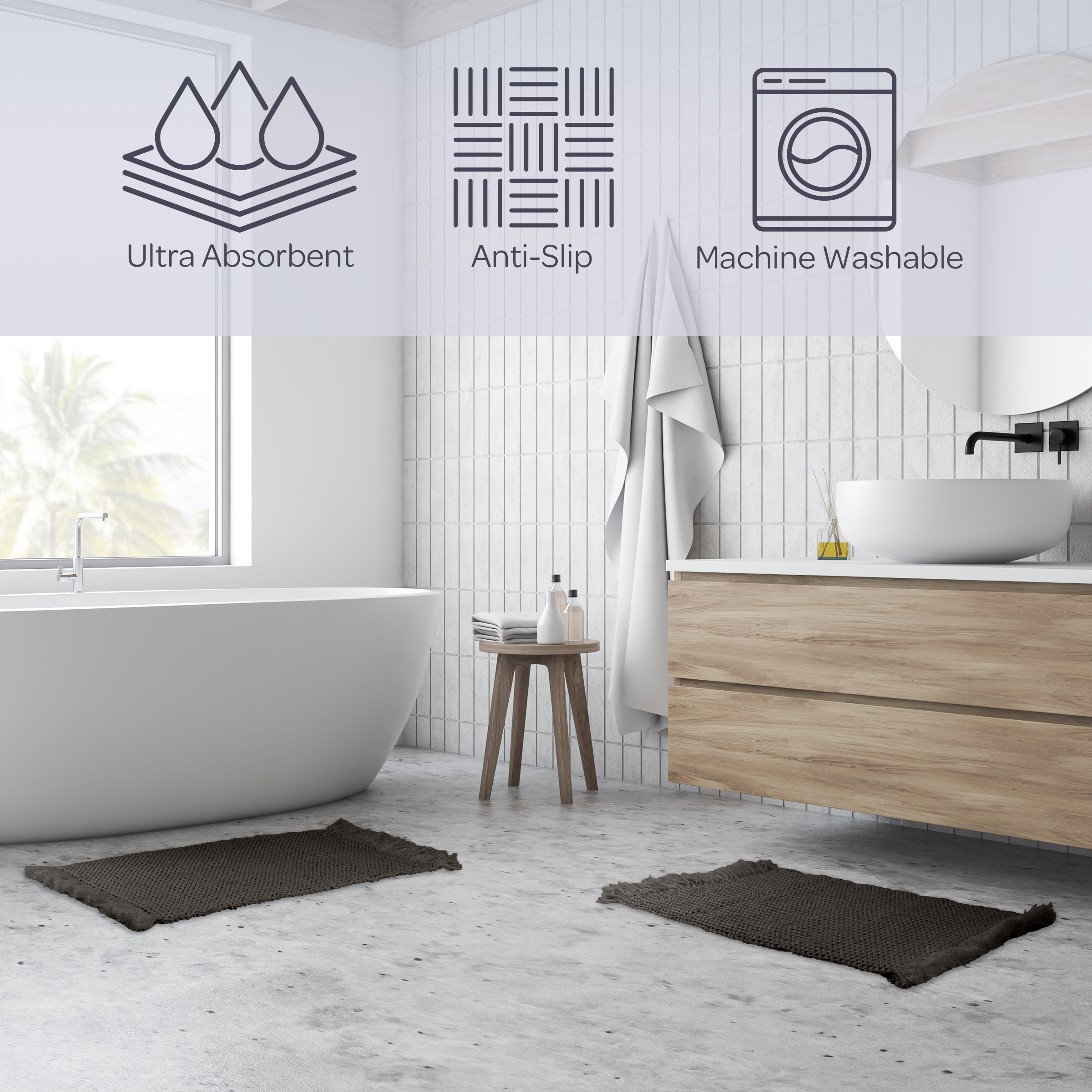 Lavish Home 2PC Waffle Bath Mat Set - Washable Bathroom Rugs (Charcoal)