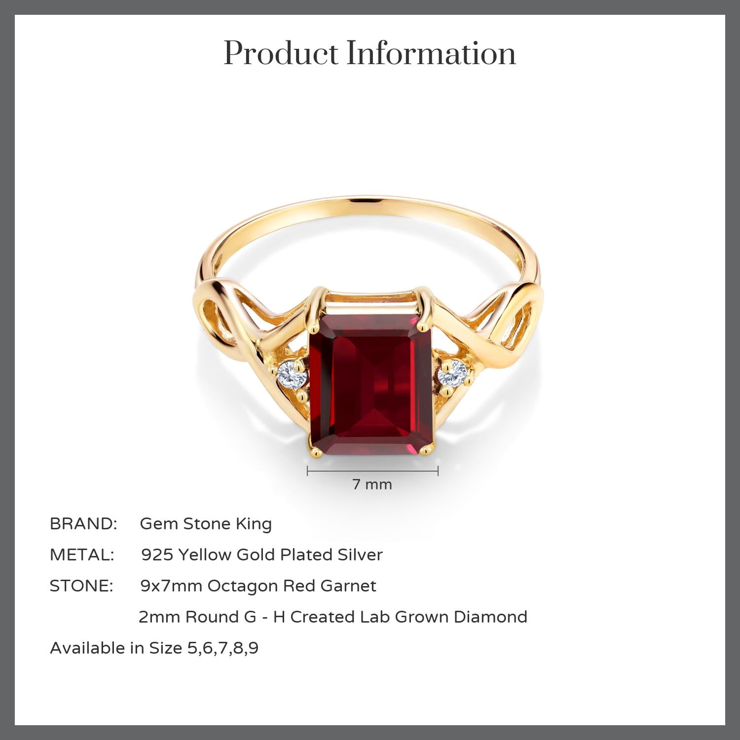 3-Stone Ring for Women | 18K Yellow Gold Plated Silver | 9X7MM Emerald Cut Gemstone Birthstone & Lab Grown Diamond | Wedding Anniversary Engagement Ring | Size 5-9 | Garnet, January | 6