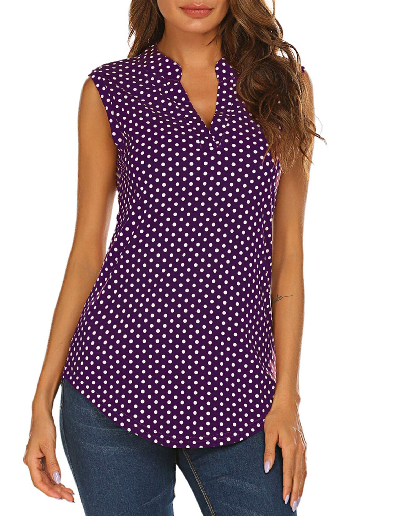 MOSHU VNeck Tunic Tops for Women Polka Dot Womens Blouses Sleeveless Shirts