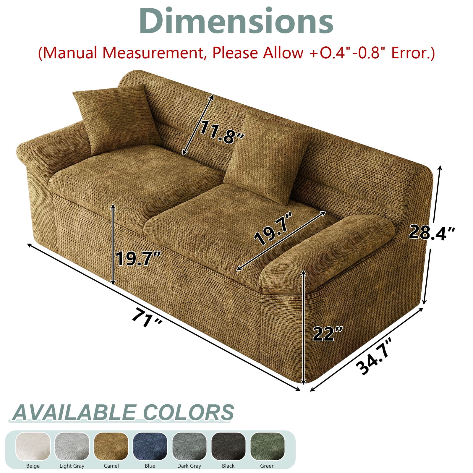 Modular Sectional Sofa 71 Inch, L-Shaped Couch with Deep Seat and Corduroy Fabric, Comfy Loveseat for Living Room and Apartment, No Assembly Required, Mustard Yellow