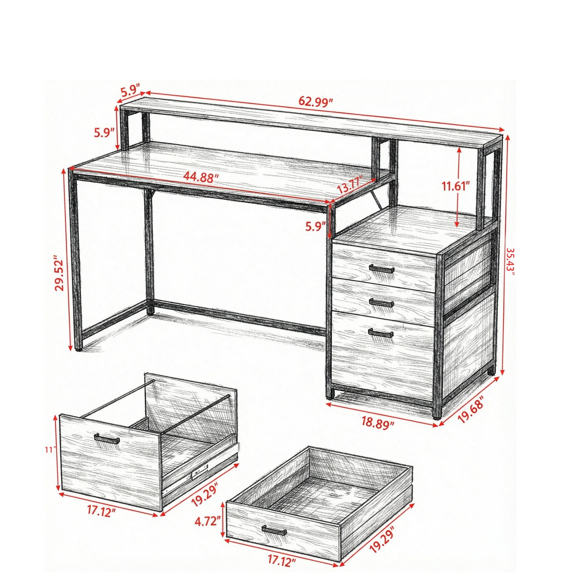 63 Inch Ergonomic Computer Desk with Drawers and Monitor Stand, Office Desk