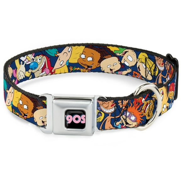 Nickelodeon Pet Collar, Dog Collar Metal Seatbelt Buckle, Nick 90s Rewind Character Poses Navy Blue, 9.5 to 13 Inches 1.0 Inch Wide