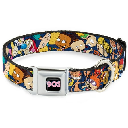 UPC: 0190882557348 | Nickelodeon Pet Collar  Dog Collar Metal Seatbelt Buckle  Nick 90s Rewind Character Poses Navy Blue  16 to 23 Inches 1.5 Inch Wide