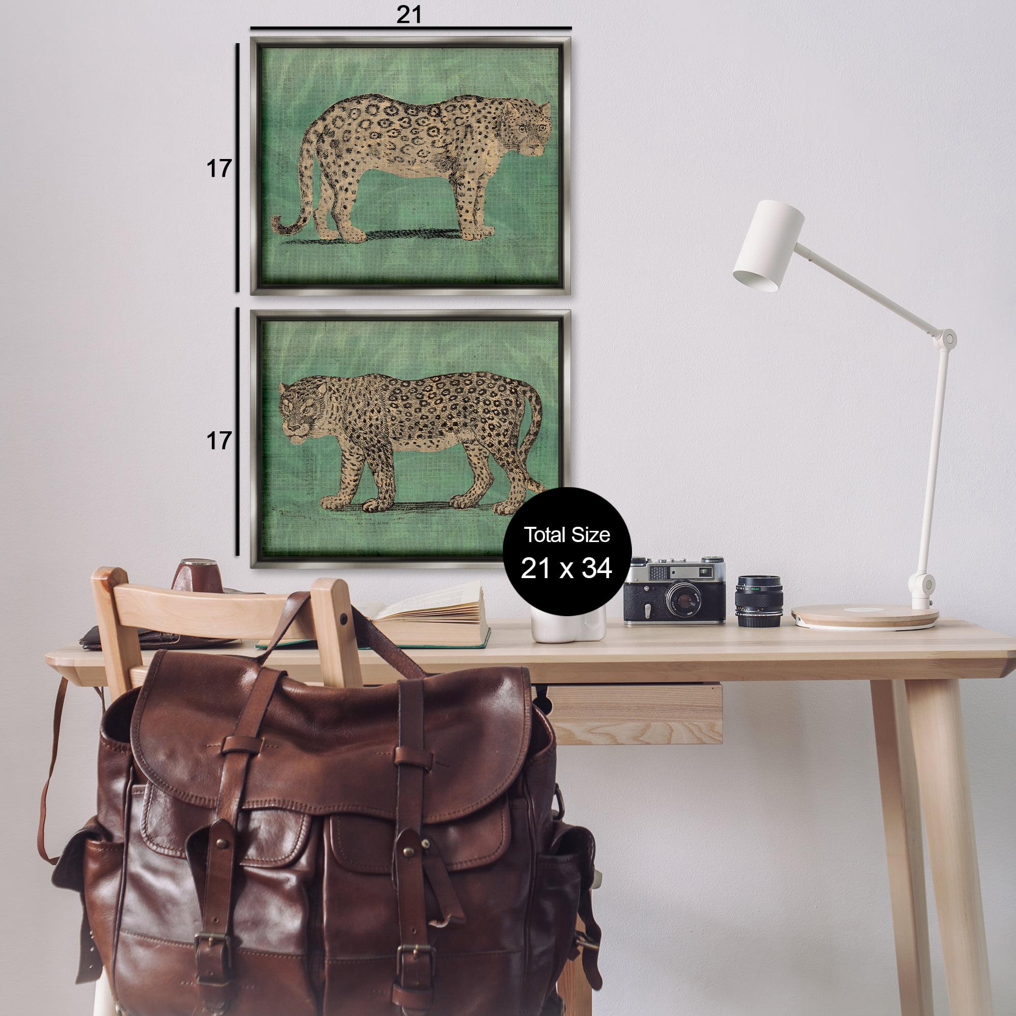 Stupell Industries Stunned Jaguar Hunting Animals Painting Gray Floater Framed Canvas Art Print Wall Art, 21 x 17, Set of 2