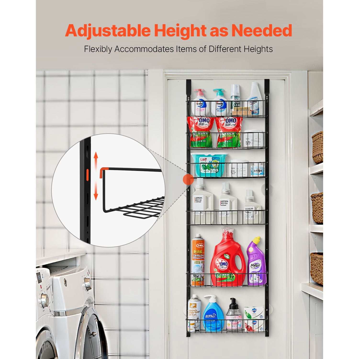 Over The Door Pantry Organizer 6-Tier 19.84 lbs Capacity Steel for Kitchen Laundry Bathroom Black