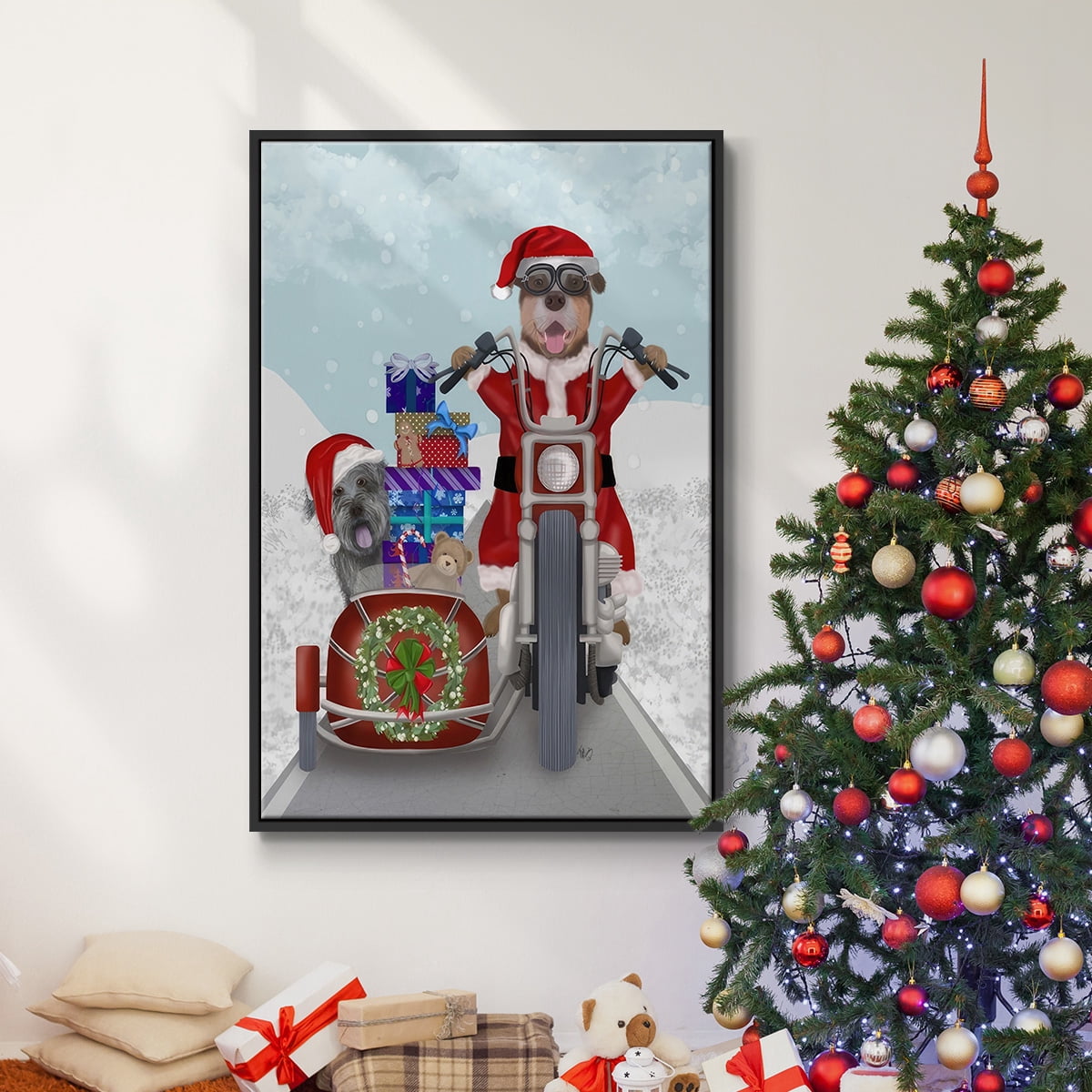 Christmas Mutts Christmas Chopper - Framed Gallery Wrapped Holiday Canvas - 27 x 41 - Black Frame