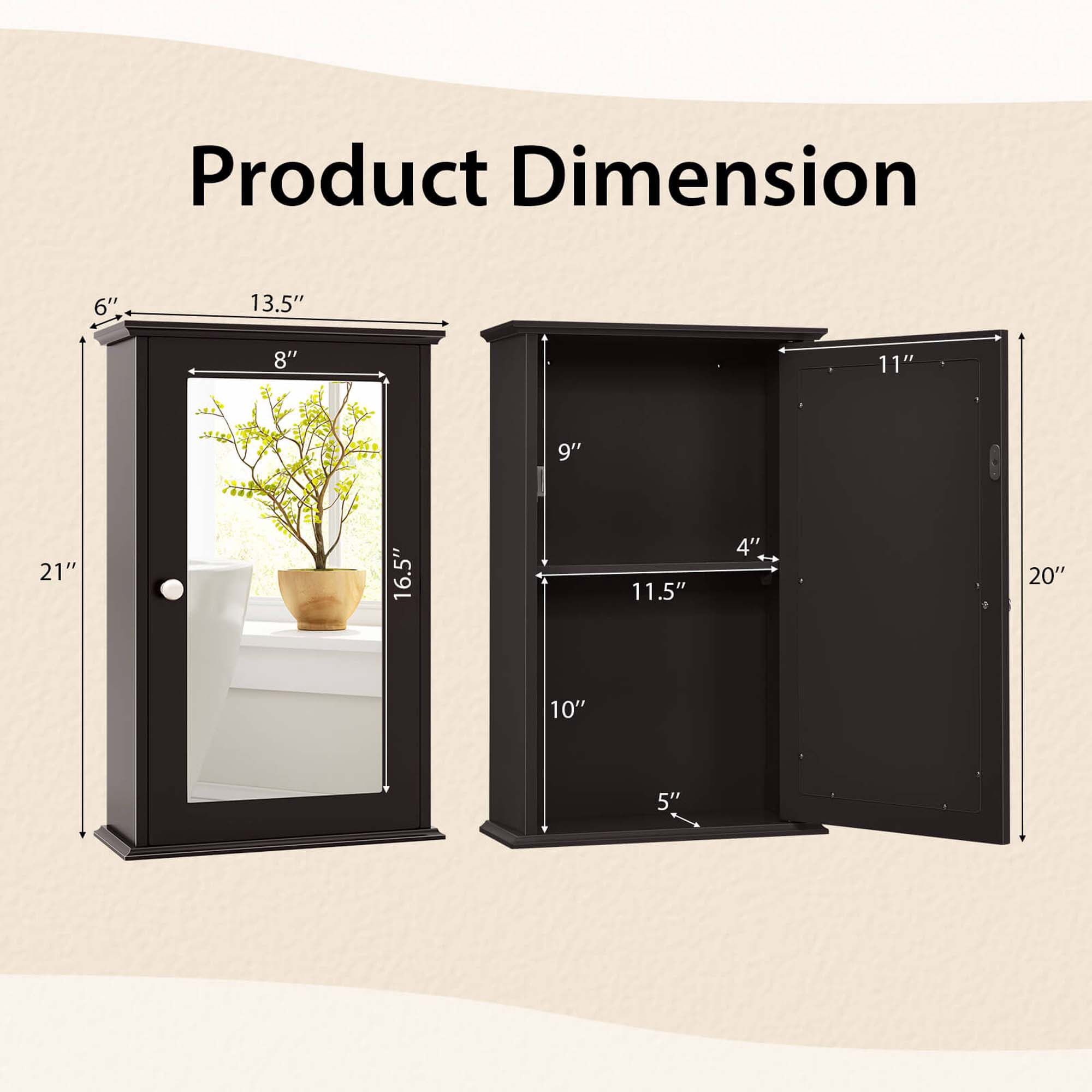 Costway Bathroom Wall Cabinet Single Mirror Door Cupboard Storage Wood Shelf Brown