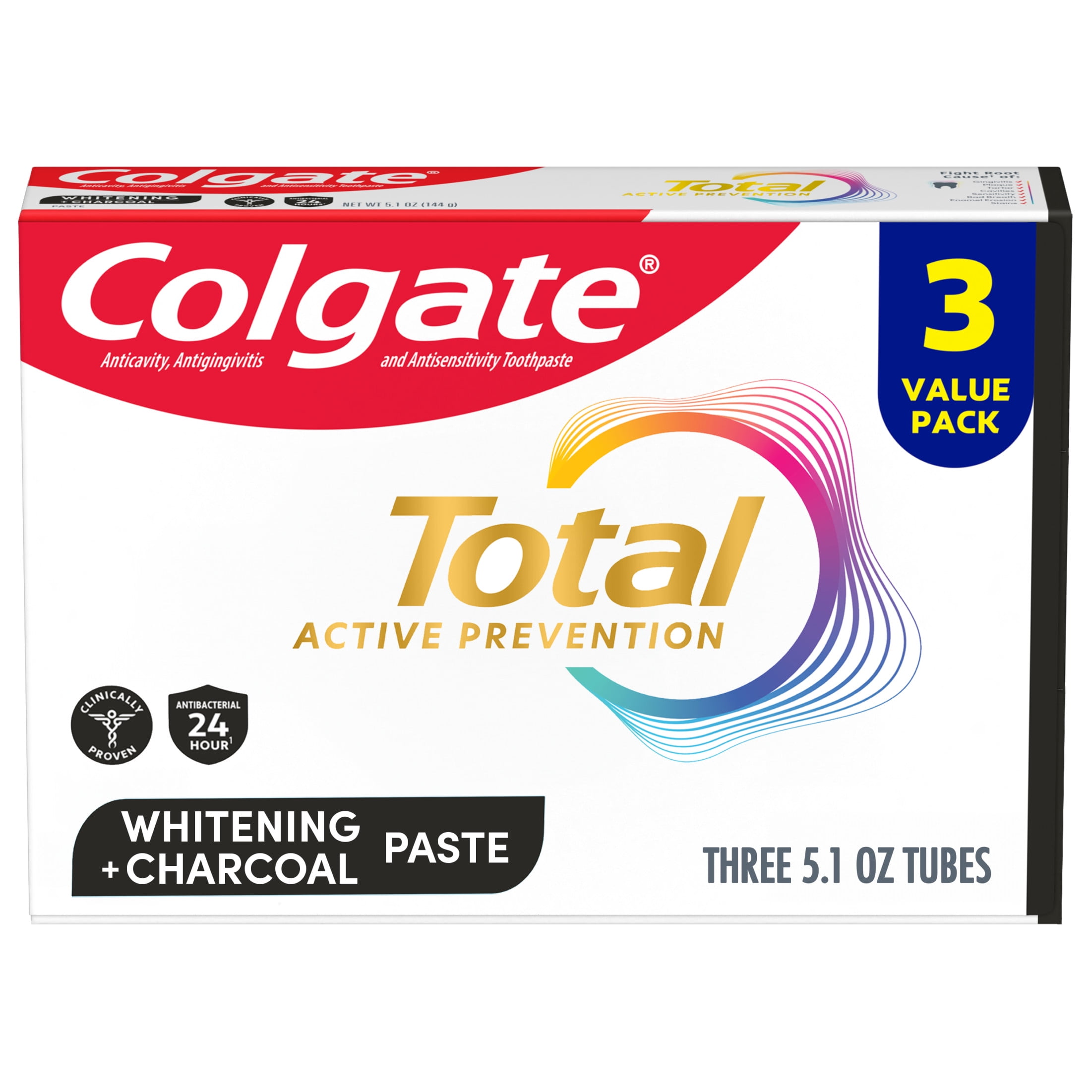 (2 pack) Colgate Total Active Prevention Whitening and Charcoal Toothpaste, Mint, 3 Pack, 5.1 oz