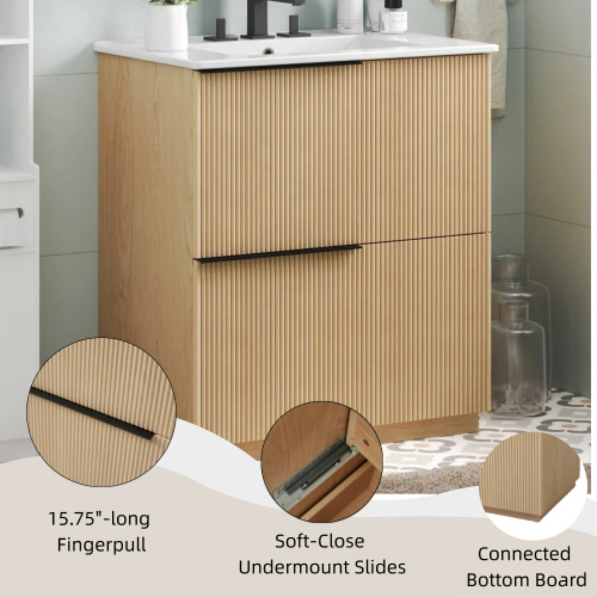 30" Bathroom Vanity with Ceramic Sink, Freestanding Bathroom Cabinet with Full Extension Drawers, Soft Close Slides, Fluted Design, Natural