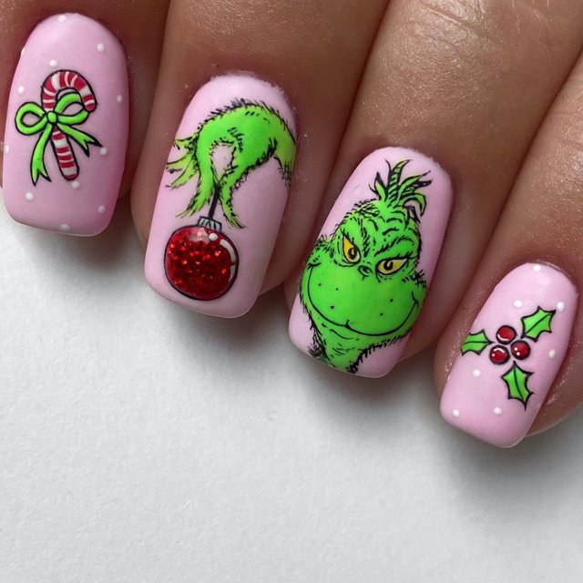 Uñas postizas navideñas, uñas postizas largas de ataúd, uñas postizas rojas de cubierta completa con diseño Grinch, uñas postizas de invierno, uñas acrílicas artificiales navideñas, suministros de dec