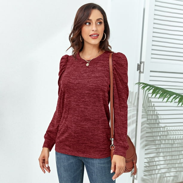 Sudadera con Mangas Abullonadas,Sudadera con Cuello Redondo para Mujer, Jersey De Manga Abullonada De Moda, Blusa, Jersey, Rendimiento Sólido
