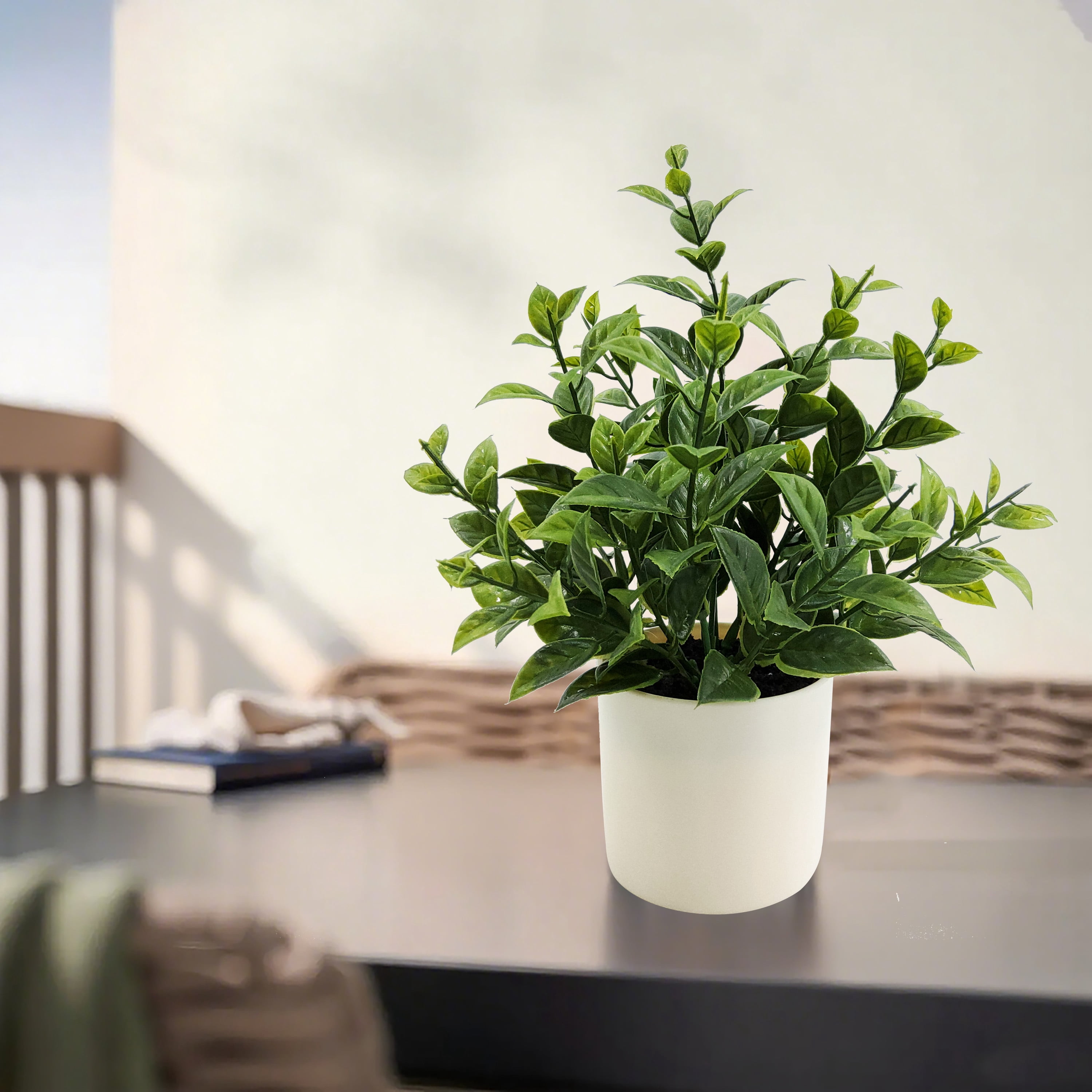 Mainstays Indoor Artificial 9in Tea Leaf in Pot, Green Color.