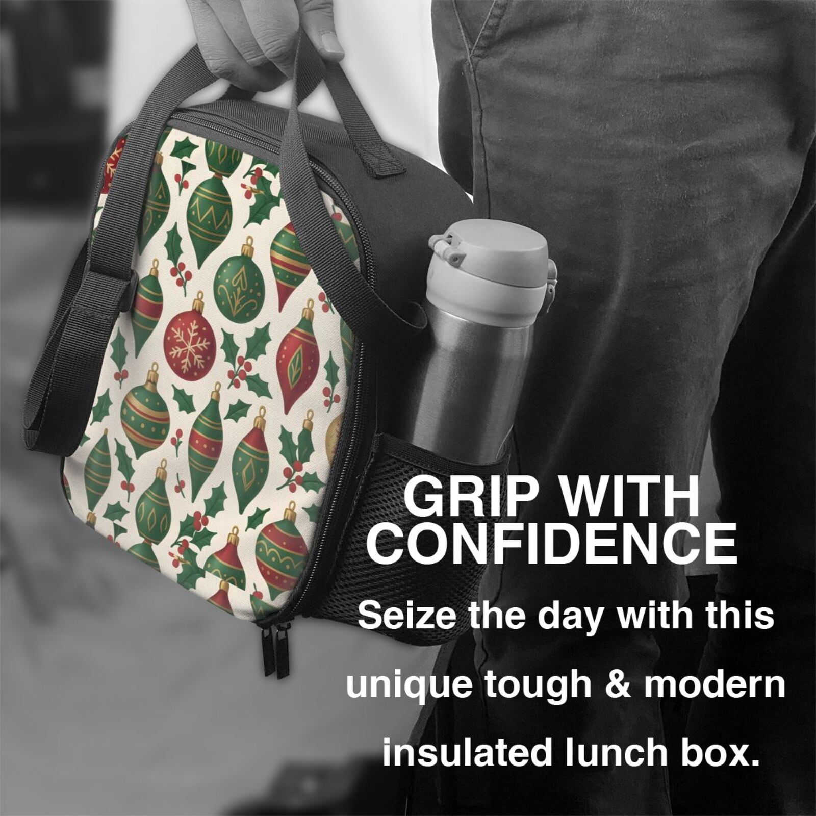 Thermal Insulation One Shoulder Portable Bento Bag Can Be Reused 8×10.5in For Carrying Drinks Bento Box Fruit Snacks Classic Christmas Ornament Pattern