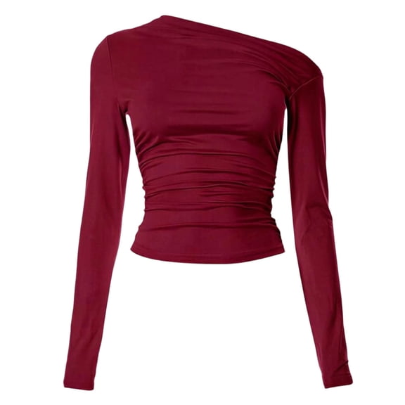 DHFJKG Off The Shoulder Tops For Women Slim Fit Pleated Asymmetrical Long Sleeve T Shirt Going Out Date Wear Trendy Top
