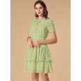 thumbnail image 3 of INSPIRE CHIC Women's Tie Neck Ruched Sleeve Elastic Waist A-Line Double Layers Ruffle Hem Short Dress, 3 of 6