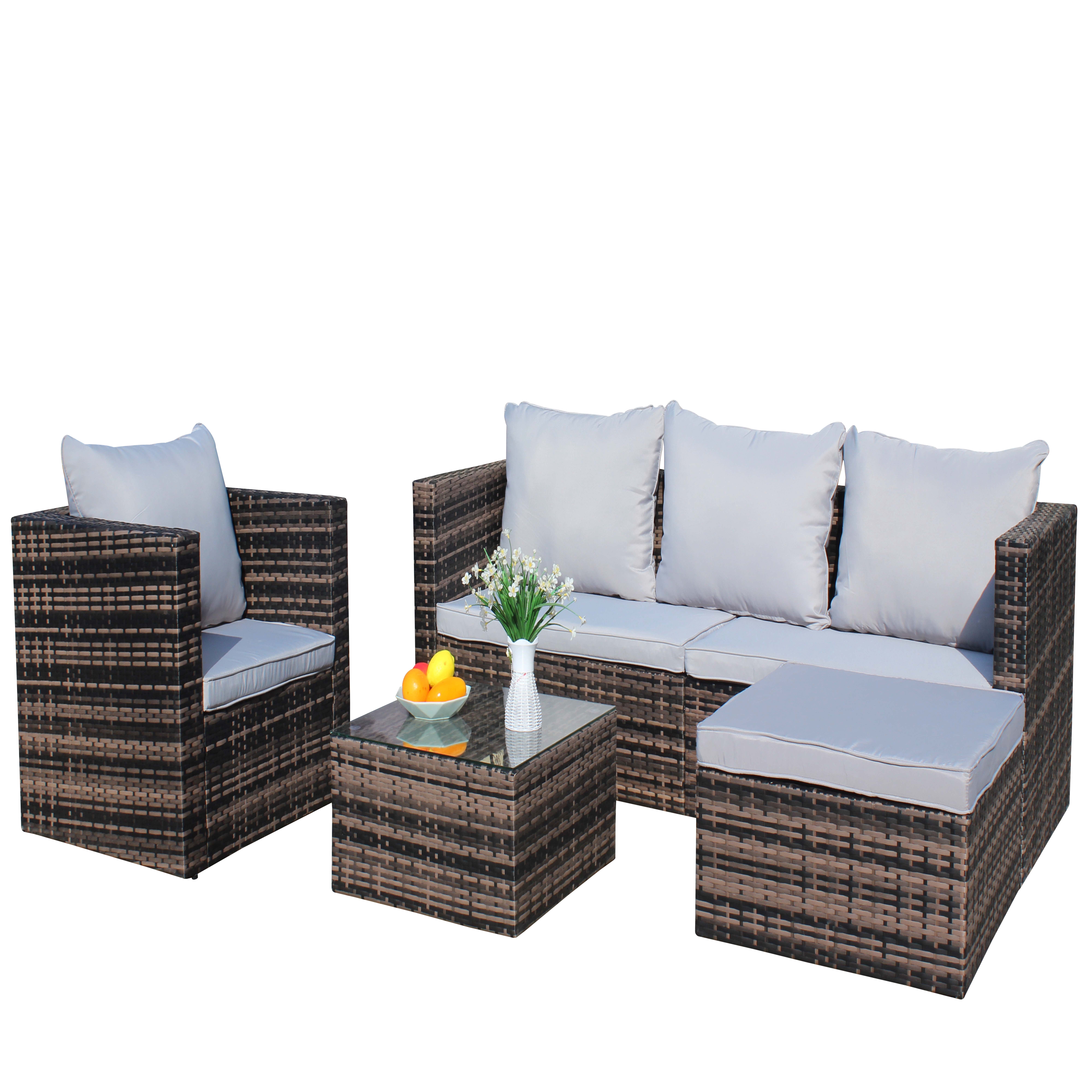 Rattan Patio Sofa Set, 4 Pieces Outdoor Sectional Furniture Set, All-Weather PE Rattan Wicker Patio Conversation Set, Cushioned Sofa Set with Glass Table for Patio Garden Poolside Deck