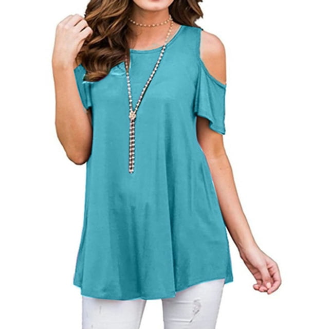 DYMADE Womens Cold Shoulder Soild Casual Tunic Blouse Tops