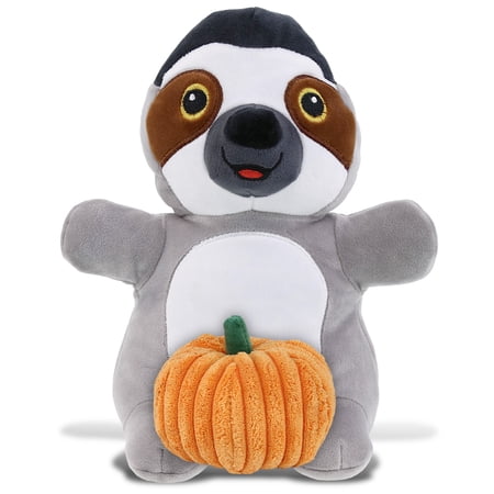 DolliBu Snug-Mooshies Standing Sloth Stuffed Animal with Pumpkin Decor - Pumpkin Plush Animal for Fall Halloween and Thanksgiving Pumpkin Toy for Baby Kids Adults - 10 Inches