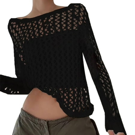 

WUDATI Womens Knit Top Long Sleeve Crochet Hollow Out Sweater Casual Crewneck Pullover Loose Fit for Daily Wear Vintage for Street Home Vacation Night Out