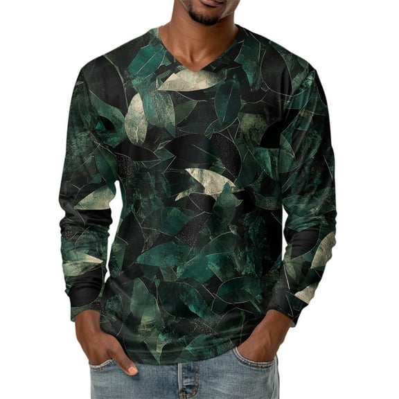 Men's V-Neck Camouflage Print Long Sleeve T-Shirt Casual Military Style Fashion Top Loose Fit Comfortable Outdoor Shirt,Black,L