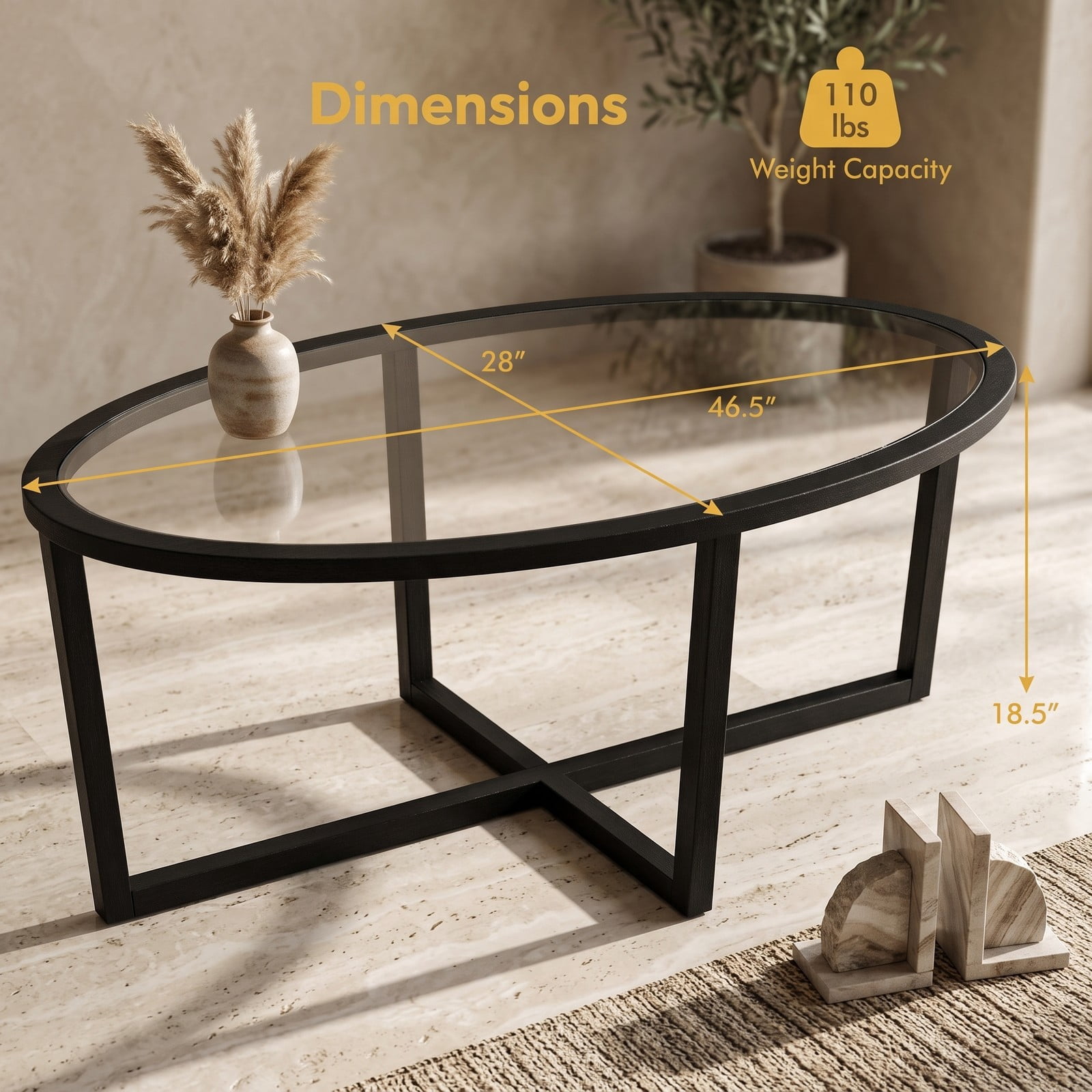 Furnibear Oval Glass Coffee Table, Living Room Center Table with Tempered Glass Top, Cross Base and Solid Acacia Wood Legs, 110 lbs Capacity Accent Sofa Side, Black