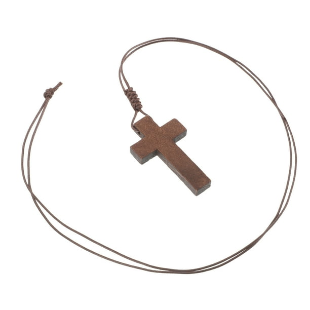 Collar con colgante de cruz de madera y cadena de cuerda ajustable para hombre y mujer, ideal para diferentes atuendos y ocasiones.
