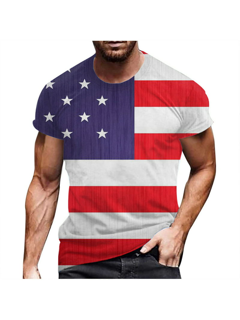 Savings Clearance Summer Shirts for Men, Men Short Sleeve Round-Neck Printed Casual T-Shirt Tops Blouse National Flag 4th of July Shirts Beach Tops White XL Today Deals -