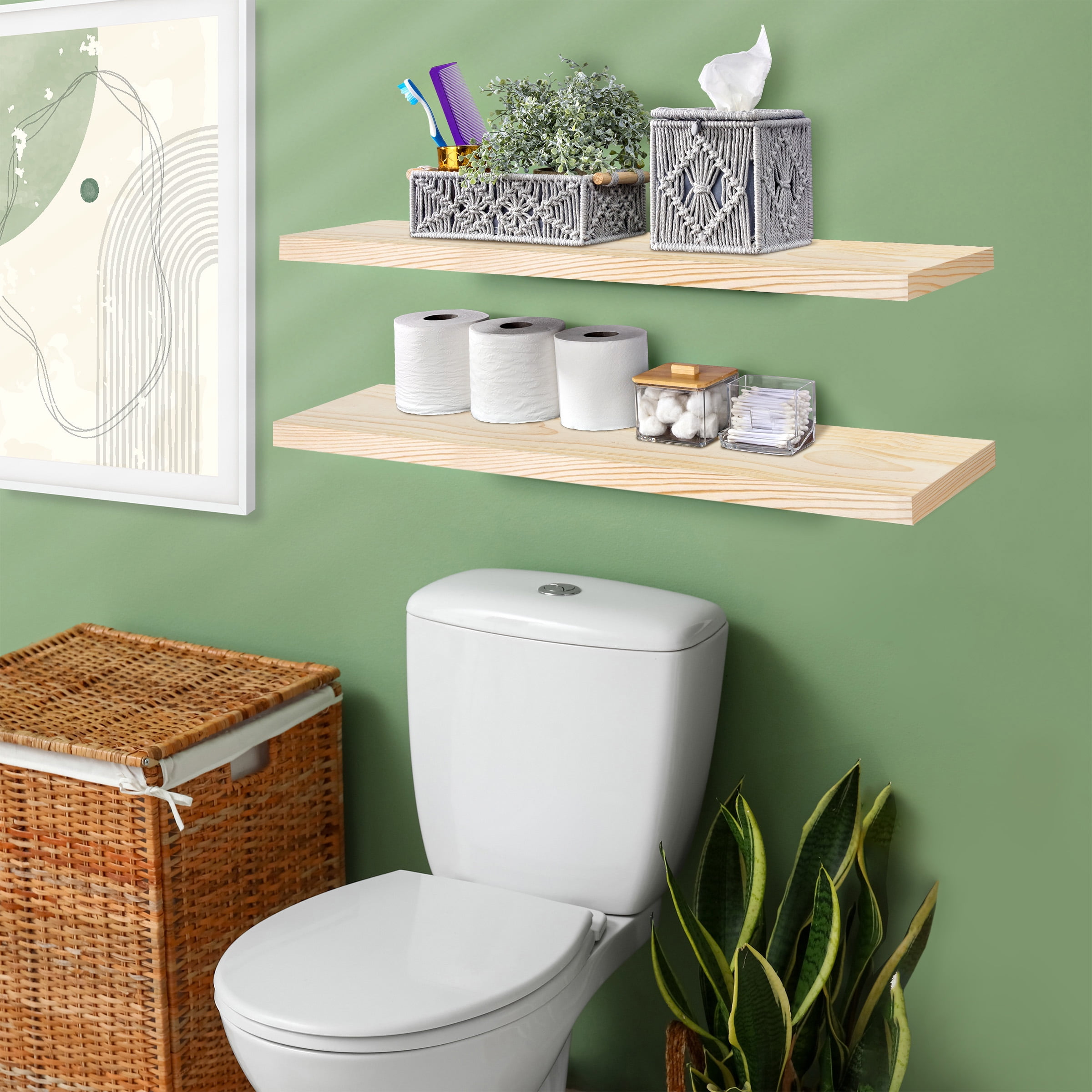 Sorbus Wood Floating Shelves for Wall - 35” Solid Wood Wall Shelves for Bathroom Decor, Books, Bedroom & Living Room - Set of 2 Wall Mounted Kitchen Shelves - Durable 100% Premium Solid Pine