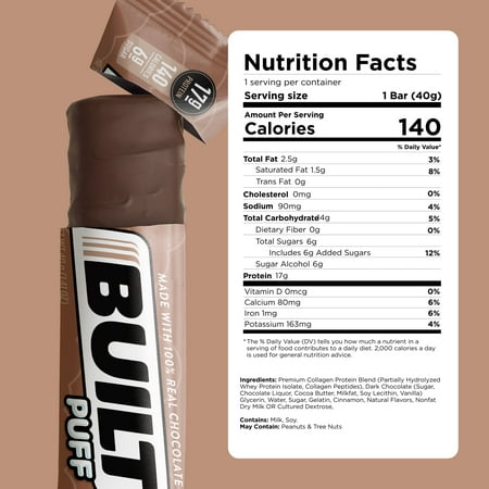 BUILT Puff Protein Bar, Gluten Free, Low Sugar, Brownie Batter, 12 Ct Box