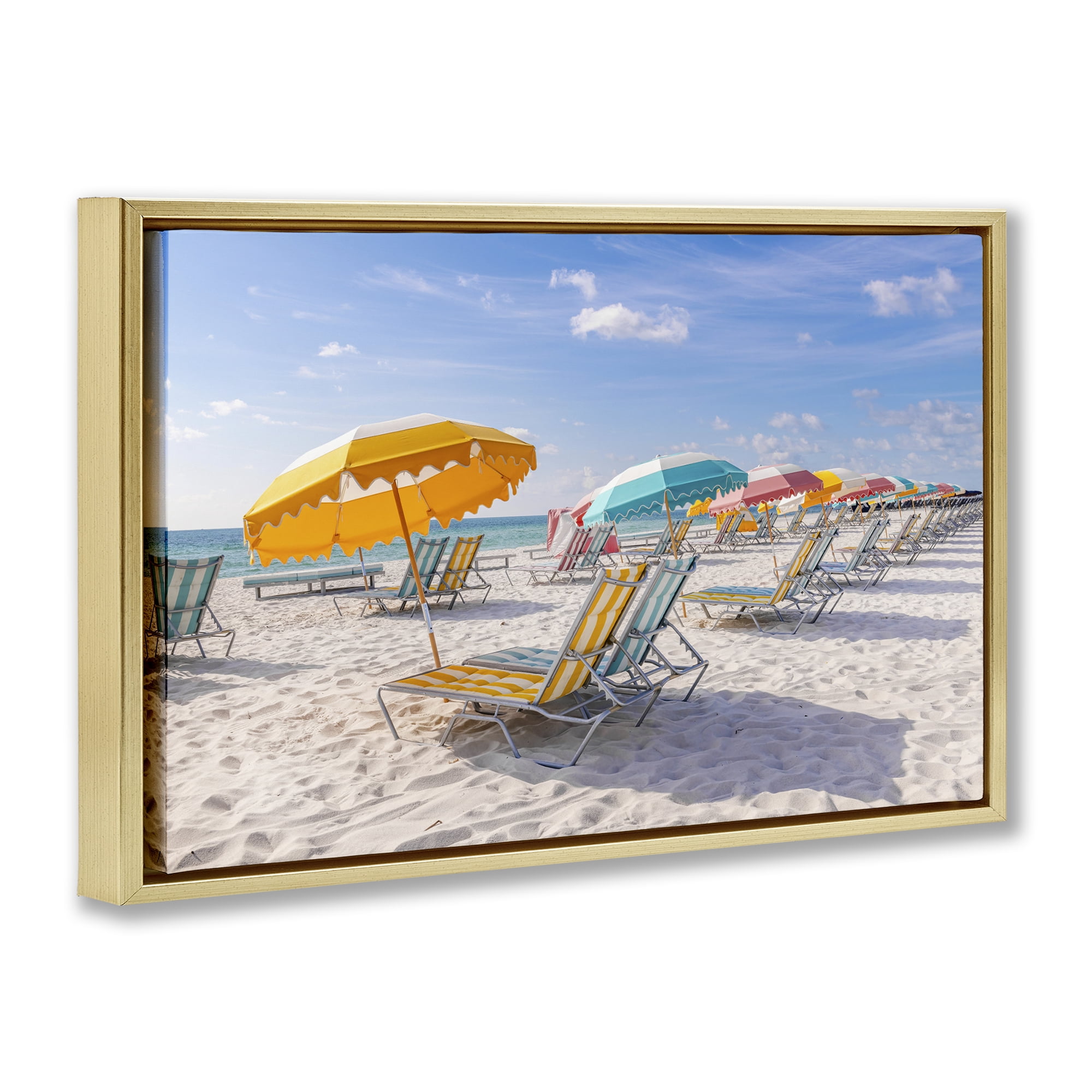 Stupell Industries Striped Umbrellas on Sunny Beach Gold Framed Floater Canvas Wall Art, design by Richard Silver