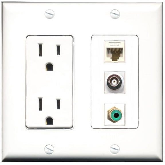 RiteAV - 15 Amp Power Outlet 1 Port RCA Green 1 Port BNC 1 Port Cat6 Ethernet Ethernet White Decorative Wall Plate