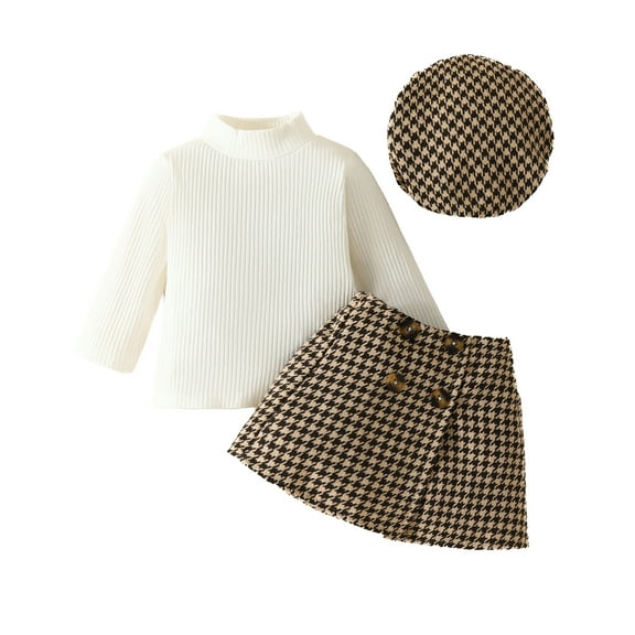 Toddler Baby Girl Outfits 6M 9M 12M 18M 24M 3Y Fall Winter Clothes Ribbed Long Sleeve Tops Houndstooth Print Shorts/Skirts Beret