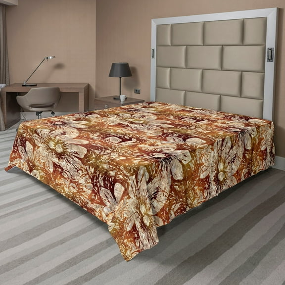 Ambesonne Floral Flat Bedding Sheet Soft Top Sheet, Grunge Sketches Sunset Tones, California King, Burgundy and Amber