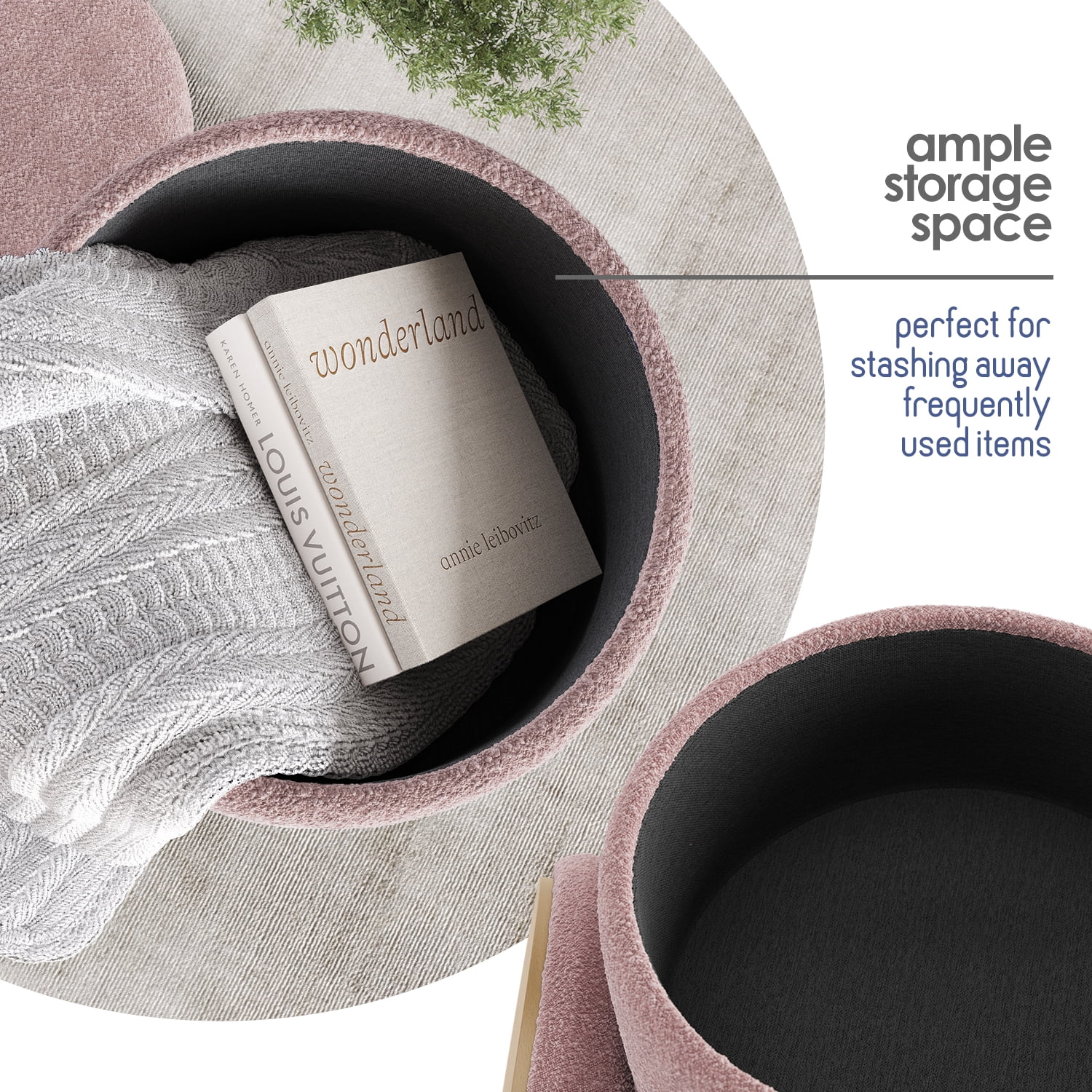 LammaLoe Small Round Ottoman with Storage, Boucle Ottoman Foot Stool with Lid, Upholstered Vanity Stool for Living Room & Bedroom, Pink