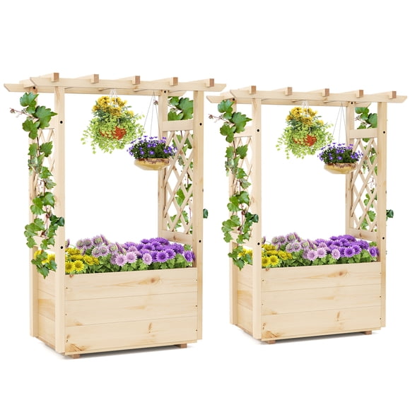 Gymax 2PCS Wooden Raised Garden Bed/ Lattice Trellises Hanging Roof Drainage Outdoor