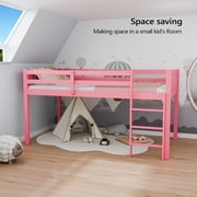 JOYMOR Low Loft Bed Twin Size with Stairs, Pind Wood Loft Bed for Girl, Space-Saving Design, Pink