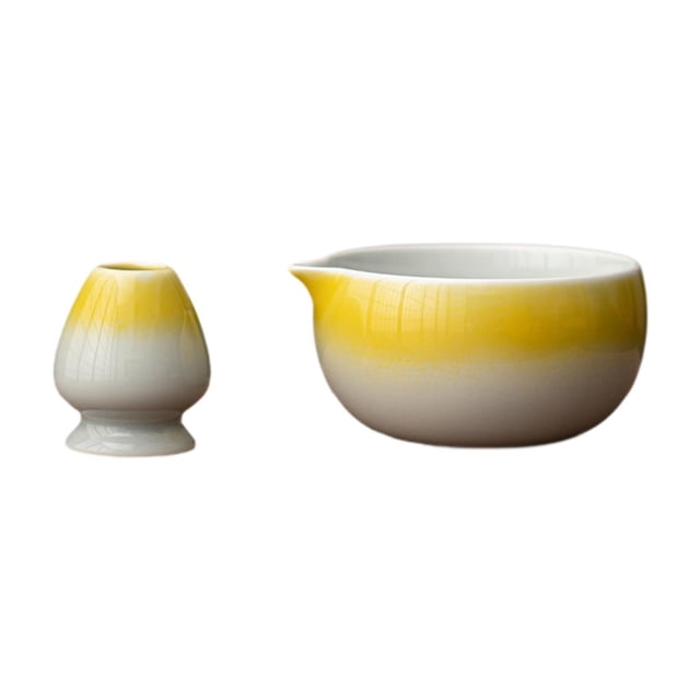 Matcha Bowl Cerámica de 500 ml de tazón de mezcla de matcha portátil con y batidor vertido para el regalo de la casa de té para amante de matcha Amarillo